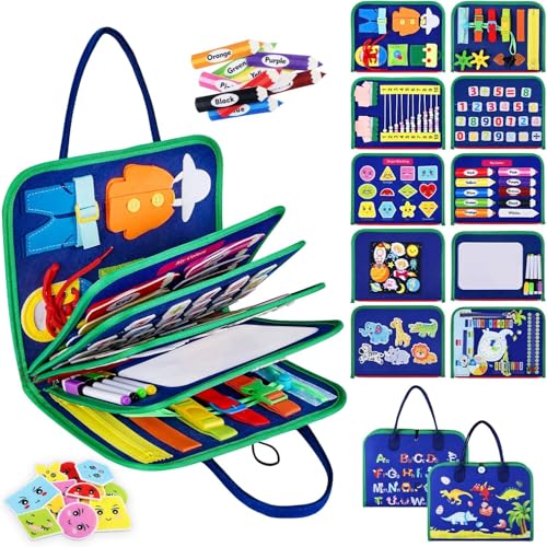 ANOMM Busy Board für Kleinkinder, Montessori Spielzeug für 1 2 3 4 Jährige, 10-in-1 Filz Busy Book Sensory Spielzeug, Vorschulische Lernaktivitäten zum Erlernen der Feinmotorik-Blau von ANOMM