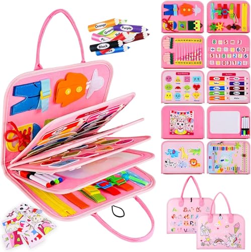 ANOMM Busy Board für Kleinkinder, Montessori Spielzeug für 1 2 3 4 Jährige, 10-in-1 Filz Busy Book Sensory Spielzeug, Vorschulische Lernaktivitäten zum Erlernen der Feinmotorik-Rosa von ANOMM