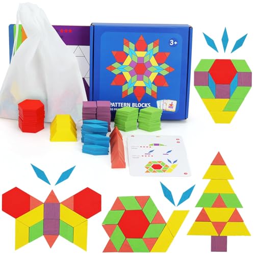ANPEAC 155 Stück Holz Bauklötze Set mit 24 Designkarten,Geometrische Formen Puzzle,Montessori Lernspielzeug für Kinder 4-8 Jahre von ANPEAC