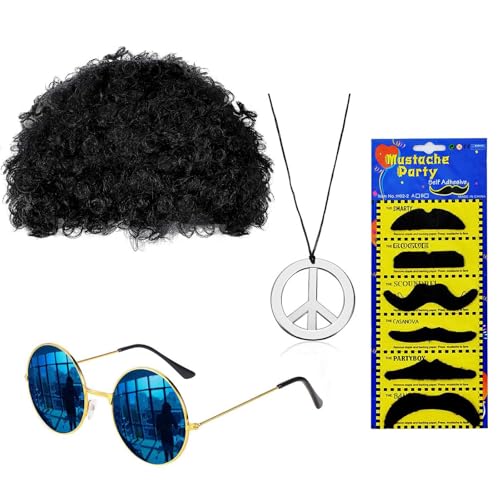 APPCXOKL ANROI 9-teiliges Hippie-Kostümset für Herren, 70er 80er Disco Afro Perücke, Sonnenbrille, Friedenszeichen Halskette, Schnurrbart, Ideal für Retro-Party APPCXOKL ANROI 9-teiliges Hippie-Kostümset für Herren, 70er 80er Disco Afro Perücke, Sonnenbrille, Friedenszeichen Halskette, Schnurrbart, Ideal für Retro-Party von APPCXOKL