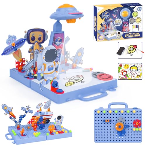 ANYCESO Spielzeug ab 3 Jahre Montessori Werkzeugkoffer- Mit Bohrmaschine und Buntstifte,Mit Steckspiel Mosaik Projektion,Zeichenprojektor für Kinder 3 4 5 6 7 8 Jahre, BLAU von ANYCESO