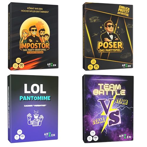 ANZEN - Party-Spielesammlung mit 4 Kartenspielen: Impostor - Das Party-Wortspiel - Classic Edition; Poser - Das Partyspiel - Angeben-Bluffen-Lügen; TEAMBATTLE - Das Gruppen-Partyspiel; LOL Pantomime von ANZEN