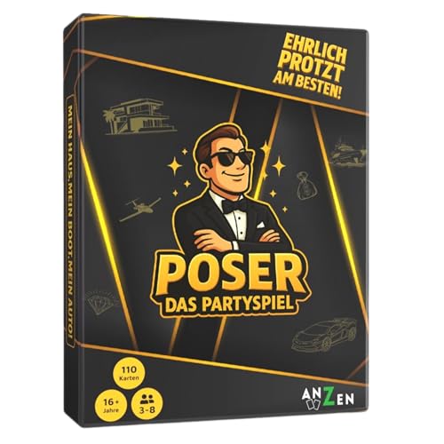 Poser - Das Partyspiel | Gesellschaftsspiel für Freunde & Familie | Sei der Spieler mit der höchsten Antwort oder Bluffe | Entlarve die Lügen deiner Mitspieler | Kartenspiel mit über 80 Protzfragen Poser - Das Partyspiel | Gesellschaftsspiel für Freunde & Familie | Sei der Spieler mit der höchsten Antwort oder Bluffe | Entlarve die Lügen deiner Mitspieler | Kartenspiel mit über 80 Protzfragen von ANZEN