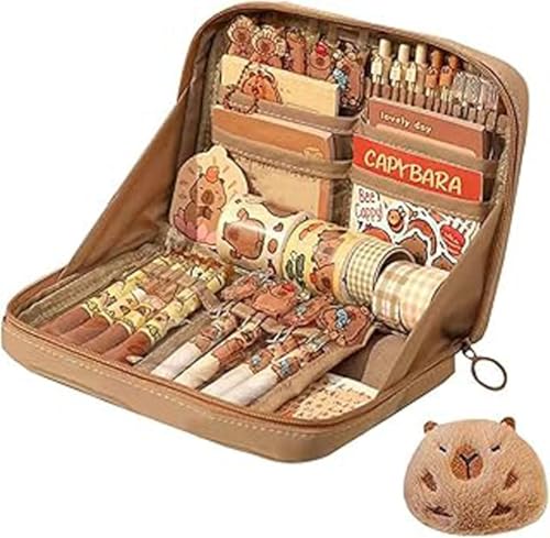 Capybara Federmäppchen, Große Kapazität Mäppchen Mit Schulsachen, Federmäppchen Mit Fächern, with Kawaii Pins Plush Cute Stationery, Multi-Layer Large Capacity Pencil Pouch von AOBUJDUB