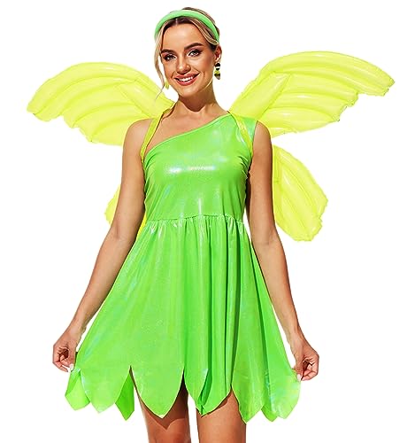 AOBUTE Tinkle-Kostüm für Damen, Halloween, Prinzessin, Cosplay, Erwachsene, einschultrig, Grün, Feenkleid, Größe XS von AOBUTE