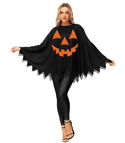 Damen Halloween Kostüm Poncho Erwachsene Fancy Jack O' Lantern Umhang Kürbis Schwarz Umhang von AOBUTE