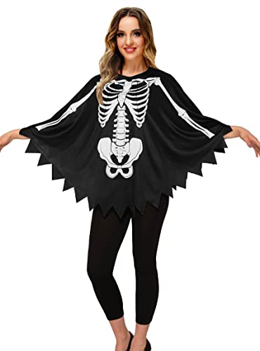 Damen Halloween Poncho Gruseliges Skelett Kostüm Schwarz Tag der Toten Party Umhang Schwarz von AOBUTE