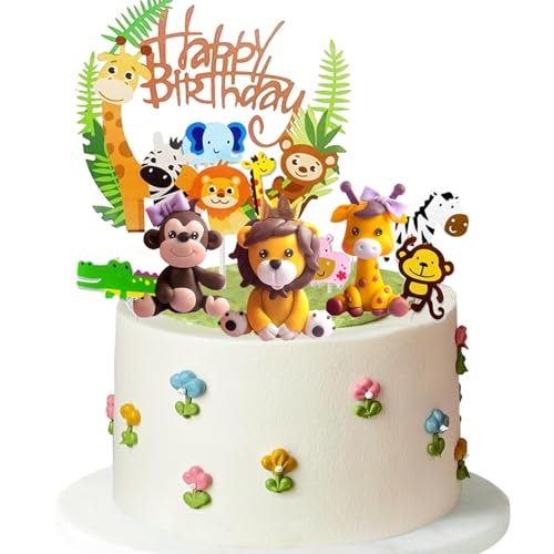 AODIGEGE Tortendeko Tiere 11 Stück Tortendeko Waldtiere Giraffe Löwen Affen Figuren Dschungel 1. Geburtstag Cake Topper für Kinder Geburtstag von AODIGEGE