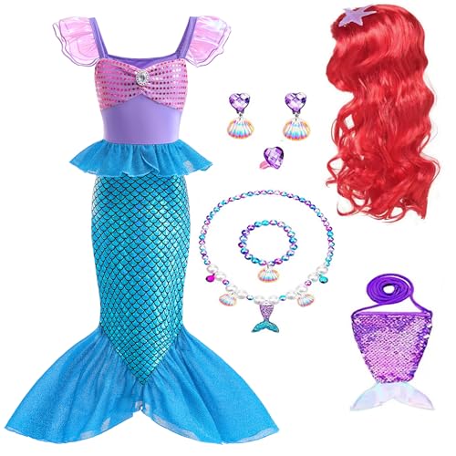 AODOKAT Kleine Mädchen Meerjungfrau Kostüm Kinder Prinzessin Meerjungfrau Arielle Kostüme Set mit Zubehör für Verkleidung Cosplay Party Outfits Halloween Karneval (Kleid mit Zubehör, 9-10 Jahre (140)) von AODOKAT