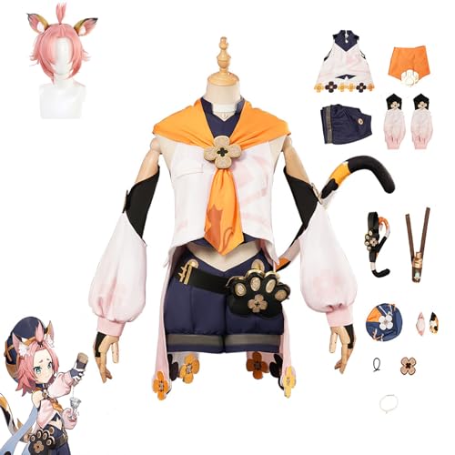 AOKLEY Anime Genshin Impact Diona Cosplay Kostüm mit Perücke, Frauen Jacke Kleid Kostüme, Halloween Karneval Party Kostüm,Weiß,XS von AOKLEY