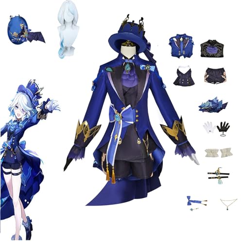 AOKLEY Anime Genshin Impact Furina Cosplay Kostüm mit Perücke Hut, Frauen Jacke Kleid Rollenspiel Kostüme, Halloween Karneval Party Up Anzug,Blau,XS von AOKLEY