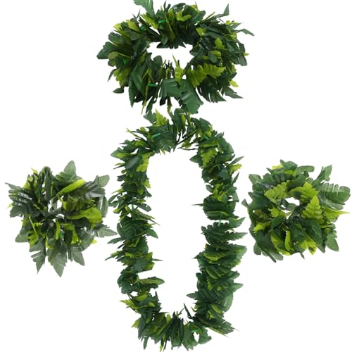 AOKWAWALIY Grüne Hawaiianische Partygirlanden 4 Stück Künstliche Blätter Haarband Lebensechte Blätter Halsband Schleife Armband Hawaii-Seidenkränze Urlaub Hochzeit Strand von AOKWAWALIY