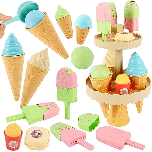 AOLEVA EIS Spielzeug für Kinder, Eisdiele Kinder Eiscreme Spielzeug mit Eisständer Kinderküche Kaufläden Zubehör Spielküche Rollenspiele Geschenk für Kinder ab 3 Jahren von AOLEVA