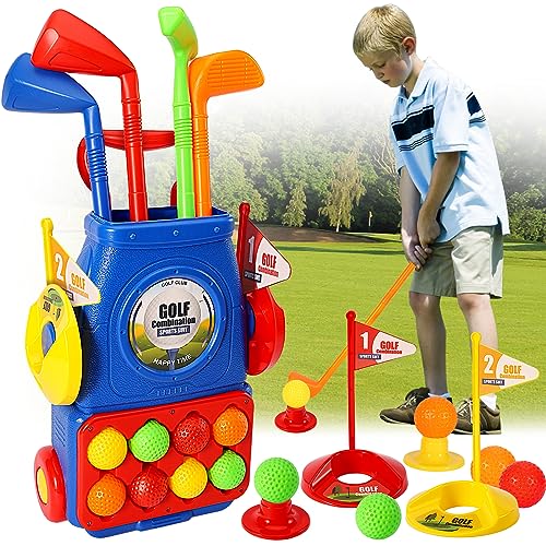 AOLEVA Golf Set Spielzeug für Kinder, Garten Kinder Golfset mit 4 Golfschläger 8 Golfbälle 2 Übungslöcher 1 Golfwagen, Indoor und Outdoor Kindergolf Spiele für Jungen Mädchen ab 3 4 5 Jahre von AOLEVA