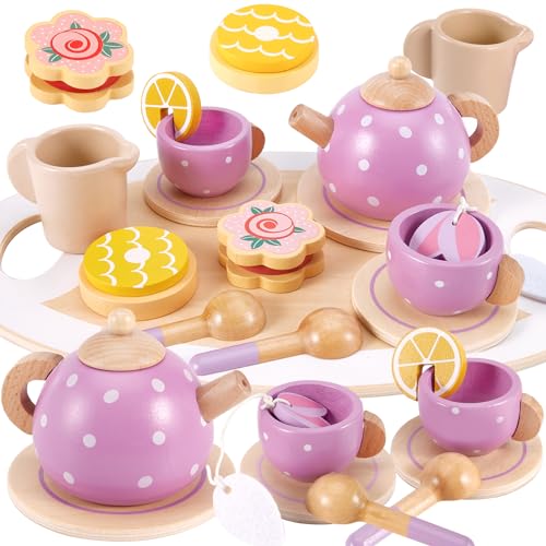 AOLEVA Teeservice Holz Tee Set Kinderküche Zubehör Teeparty Spielküche Holzspielzeug Rollenspiele Geschenk für Kinder Mädchen Jungen von AOLEVA