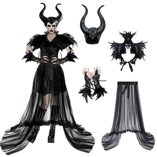 AOLIUP Maleficent Kostüm Damen: Böse Königin Kleid mit Hörner Gothic Federumhang Feder Manschette und Tüllrock für Halloween Karneval Fasching Verkleidung Cosplay Party Outfits AOLIUP Maleficent Kostüm Damen: Böse Königin Kleid mit Hörner Gothic Federumhang Feder Manschette und Tüllrock für Halloween Karneval Fasching Verkleidung Cosplay Party Outfits von AOLIUP