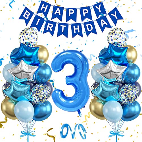 3. Geburtstag Blau Gold Deko, 3 Zahl Geburtstag Junge Luftballon, Geburtstagsdeko 3. Junge, 3 Jahr Blau Kindergeburtstag Happy Birthday Banner Folienballon Zahl 3 für Kinder Junge Geburtstag Party von AOLOA