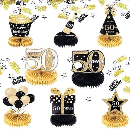 AOLOA 50. Schwarz Gold Geburtstag Tischdeko, 50. Geburtstag Dekoration für Männer Frauen, 8 Stück 50. Geburtstag Bienenwabe Mittelstücke, 50 Jahre Geburtstagsparty Zubehör mit Happy Birthday Konfetti von AOLOA