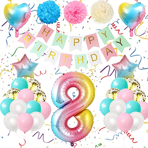 AOLOA 8. Geburtstagsdeko Mädchen Luftballon - Geburtstag Dekoration Mädchen 8 Jahr, Luftballon 8. Geburtstag Rosa, Riesen Folienballon Zahl 8, Happy Birthday Banner für 8 Deko Geburtstag Party von AOLOA
