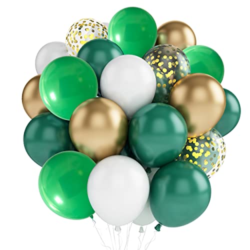 AOLOA Grün Gold Luftballon Set - 60 Stück 12 Zoll Matellic Gold Ballons Dunkelgrün Weiß Helium Latex Balloons mit Bändern Set für Jungs Geburtstag, Babyparty, Wildes Safari Tier Dschungelparty von AOLOA