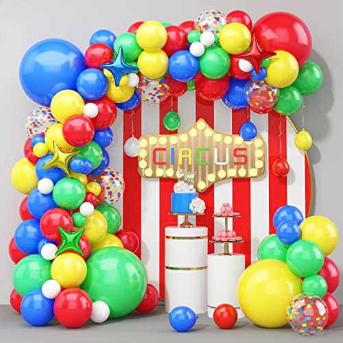 Luftballon Girlande Rot Gelb Blau, 123 Stück Karneval Zirkus Regenbogen Bunt Stern Folienballons mit Rot Blau Gelb Grün Weiß Konfetti Ballons für Babyparty Geburtstag Party Kindergarten Deko von AOLOA