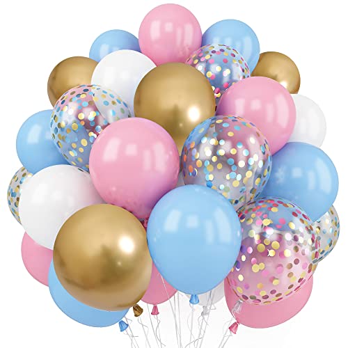 Luftballons Blau Rosa, 60 Stück 12 Zoll Gender Reveal Party Ballons, Pink Weiß Metallic Gold Helium Luftballons Konfetti Ballons für Baby Shower, Geburtstag, Boy or Girl, Geschlecht Dekoration von AOLOA