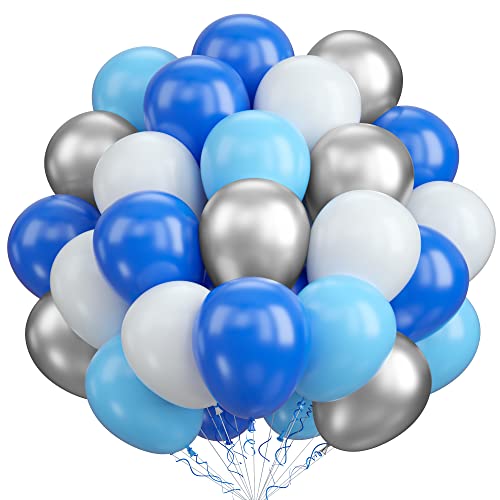 Luftballons Blau Weiß, 60 Stück 12 Zoll Blau Silber Party Luftballons, Dunkelblau Weiß Silber Latex Ballons für Geburtstag, Hochzeit, Babyparty Deko Junge, Taufe Deko, Kommunion Deko von AOLOA
