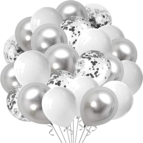 Silber Weiß Luftballon Set, 60 Stück 12 Zoll Metallic Silber Konfetti Latex Ballons mit Bänd für Party Dekoration für Hochzeit Geburtstag Babyparty Hochzeitsdeko Dekoration von AOLOA