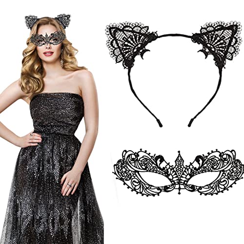 1 Stück Katzenohren, Stirnband, 1 Stück Maske aus Spitze, mit Spitze, venezianische Maske, für Partys, Masken, für Halloween-Karneval von AOMAIGAD