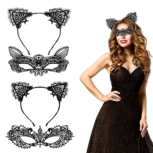 2 Stück Katzenohren, Stirnband, 2 Stück Maske aus Spitze, mit Spitze, venezianische Maske, für Partys, Masken, für Halloween-Karneval von AOMAIGAD