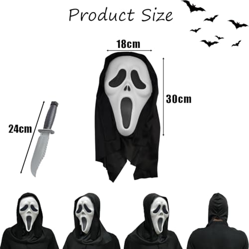 AOMAIGAD 2Pcs Ghostface Maske,Schreiende Maske mit 2 falschem Messer,Halloween Ghostface Maske Maske Horrorfilm Maske Geister Scream Maske,Scream Maske für Kinder Erwachsene (2 Maske + 2 Messer) von AOMAIGAD