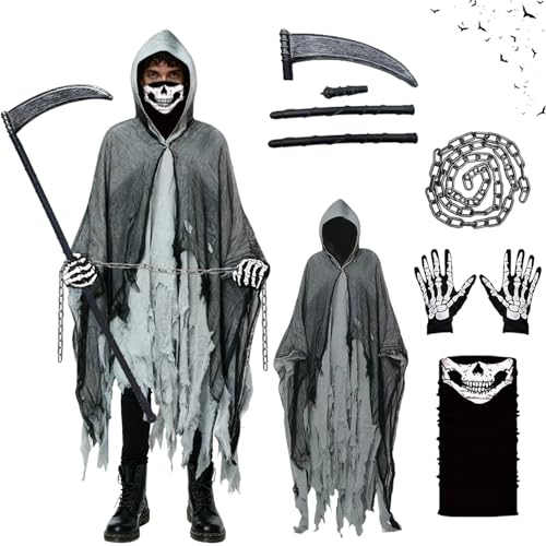 AOMAIGAD Halloween Geister Kostüm, Halloween Sensenmann Kostüm, Geister Kostüm Erwachsene, mit Schädelmaske, Sense, Skelett Handschuhe, Ketten, für Cosplay, Karneval (Grau) von AOMAIGAD