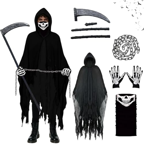 AOMAIGAD Halloween Geister Kostüm, Halloween Sensenmann Kostüm, Geister Kostüm Erwachsene, mit Schädelmaske, Sense, Skelett Handschuhe, Ketten, für Cosplay, Karneval (Schwarz) von AOMAIGAD