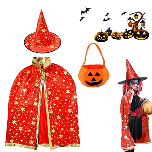 AOMAIGAD Halloween-Hexenumhang,Kinder Halloween Kostüm, Zauberermantel Mit Hut+Kürbis Candy Bag, Geeignet für Cosplay-Kostüme für Jungen und Mädchen (rot) von AOMAIGAD
