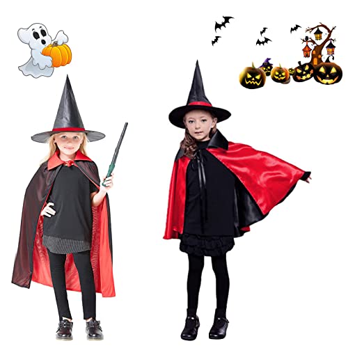 AOMAIGAD Kinder Halloween Kostüm, Hexe Zauberer Umhang mit Hut für Kinder,Halloween Zauberer Kostüm für Jungen Mädchen (Magic Red) von AOMAIGAD