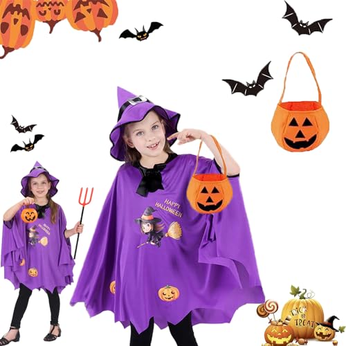 AOMAIGAD Kinder Halloween Kostüm,Halloween Fledermaus Kostüm Kinder,Kinder Fledermaus Umhang Kostüme, Kürbis Candy Bag,Witch Umhang mit Hut,für Kinder Jungen Mädchen Cosplay Party (Rot) von AOMAIGAD