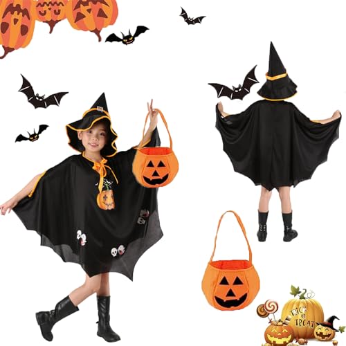 AOMAIGAD Kinder Halloween Kostüm,Halloween Fledermaus Kostüm Kinder,Kinder Fledermaus Umhang Kostüme, Kürbis Candy Bag,Witch Umhang mit Hut,für Kinder Jungen Mädchen Cosplay Party (Schwarz) von AOMAIGAD