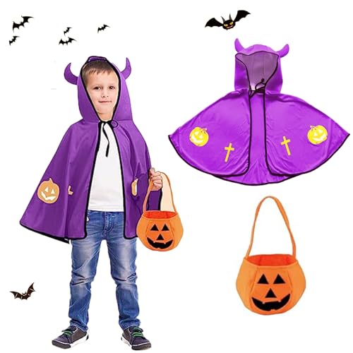 AOMAIGAD Kinder Halloween Kostüm,Teufel Umhang, Wizard Cape,Kürbis Candy Bag, Witch Umhang ​mit Hut, Cosplay-Kostüme für Kinder. (Lila) von AOMAIGAD