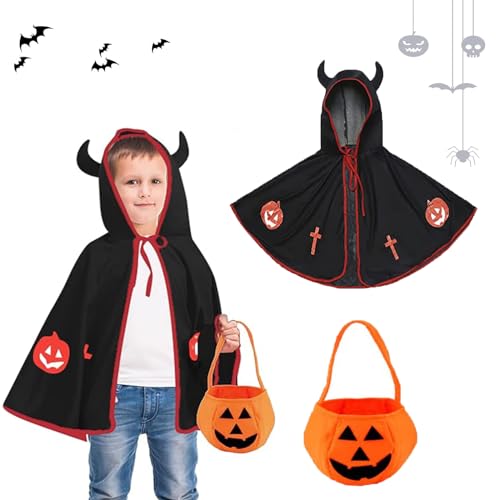 AOMAIGAD Kinder Halloween Kostüm,Kinder teufel umhang,Teufel Umhang, Wizard Cape, Kürbis Candy Bag,Halloween teufel kostüm,Cosplay-Kostüme für Kinder. (Schwarz) von AOMAIGAD