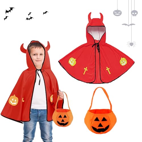 AOMAIGAD Kinder Halloween Kostüm,Kinder teufel umhang,Teufel Umhang, Wizard Cape, Kürbis Candy Bag,Halloween teufel kostüm,Cosplay-Kostüme für Kinder. (rot) von AOMAIGAD