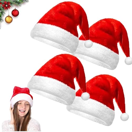 AOMAIGAD Weihnachtsmütze,4 Stück Plüsche Weihnachtsmann Mütze,Nikolausmütze Mütze,Plüsch Weihnachtsmütze,Unisex Rot Weihnachten Hüte für Erwachsene und Kinder (4pcs) von AOMAIGAD