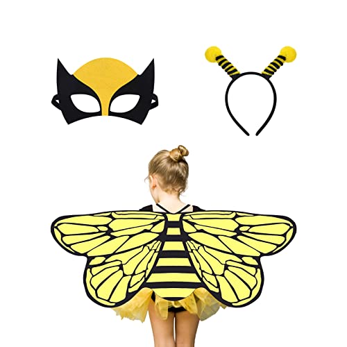 AOMIG Bienen flügel Kinder, 3 Stück Bienen Umhang Flügel Kostüm Set mit Filzmaske Stirnband, Pixie Poncho Cape Kostüm für Mädchen Cosplay Halloween Verkleiden Prinzessin Party von Aomig