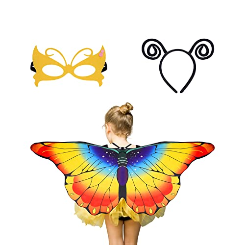 Aomig Schmetterlingsflügel Kinder, 3 Stück Schmetterling Umhang Flügel Kostüm Set mit Filzmaske Stirnband, Pixie Poncho Cape Kostüm für Mädchen Cosplay Halloween Verkleiden Prinzessin Party von Aomig