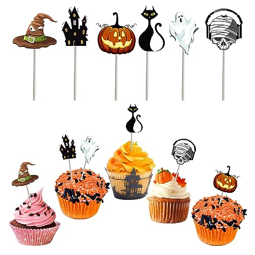 Halloween Cupcake Topper, Halloween Kucheneinsätze, 24 Stück Halloween-Kuchendekoration Kürbisse, Fledermaus Schädel Geist Messer Halloween Cupcake Dessert Für Einzigartiges Halloween Halloween Cupcake Topper, Halloween Kucheneinsätze, 24 Stück Halloween-Kuchendekoration Kürbisse, Fledermaus Schädel Geist Messer Halloween Cupcake Dessert Für Einzigartiges Halloween von AOMiGT