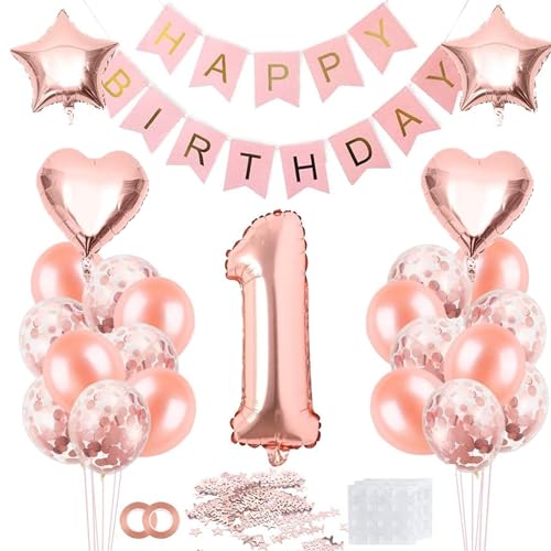 1 Jahr Geburtstag Mädchen, Luftballon 1. Geburtstag Roségold, Geburtstagsdeko Happy Birthday Banner, Ballon Deko zum Mädchen 1 Jahr Geburtstag Mädchen, Luftballon 1. Geburtstag Roségold, Geburtstagsdeko Happy Birthday Banner, Ballon Deko zum Mädchen von AONAT