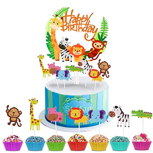 15PCS Cake Toppers Zoo, Kuchendeko Tiere, Geburtstag Tortendeko Junge, Tortendeko Karikatur, Kuchen deko Junge, Tier Kuchendeckel Topper,Schungel Themed Kuchendeckel, Cupcake Muffin Torten Deko von AONAT