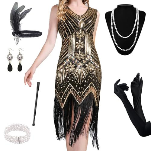 AONAT 1920er Jahre V-Ausschnitt Pailletten Perlen Fransen Kleid,8 Stück Damen Flapper Kleider voller Pailletten Retro,Kostüm mit Zubehör der 20er Jahre für Maskerade Karneval AONAT 1920er Jahre V-Ausschnitt Pailletten Perlen Fransen Kleid,8 Stück Damen Flapper Kleider voller Pailletten Retro,Kostüm mit Zubehör der 20er Jahre für Maskerade Karneval von AONAT