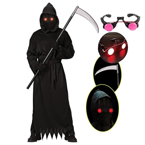 AONAT Sensenmann Kostüm für Kinder, Schwarz Halloween Kostüm Sensenmann Jungen Reaper kostüme für Halloween Party Karnevals Cosplay Bestehend aus Vollkapuze, Kleid, Sense, Leuchtbrille, Handschuhe AONAT Sensenmann Kostüm für Kinder, Schwarz Halloween Kostüm Sensenmann Jungen Reaper kostüme für Halloween Party Karnevals Cosplay Bestehend aus Vollkapuze, Kleid, Sense, Leuchtbrille, Handschuhe von AONAT