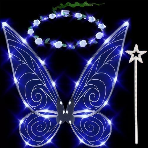 Feenflügel LED,Feenflügel mit Leuchteffekt für Erwachsene,Elfenflügel Schmetterlingsflügel mit Zauberstab & LED Blumenkranz,Feen Kostüm für Kinder Mädchen für Karneval,Fasching,Halloween,Cosplay,Blau Feenflügel LED,Feenflügel mit Leuchteffekt für Erwachsene,Elfenflügel Schmetterlingsflügel mit Zauberstab & LED Blumenkranz,Feen Kostüm für Kinder Mädchen für Karneval,Fasching,Halloween,Cosplay,Blau von AONAT