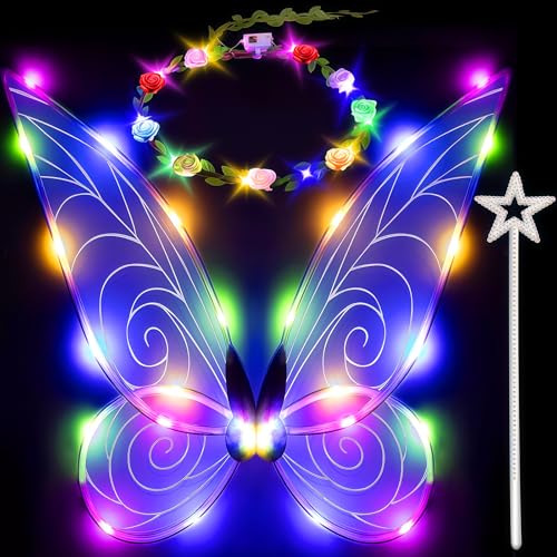 Feenflügel LED,Feenflügel mit Leuchteffekt für Erwachsene,Elfenflügel Schmetterlingsflügel mit Zauberstab & LED Blumenkranz,Feen Kostüm für Kinder Mädchen für Karneval,Fasching,Halloween,Cosplay von AONAT